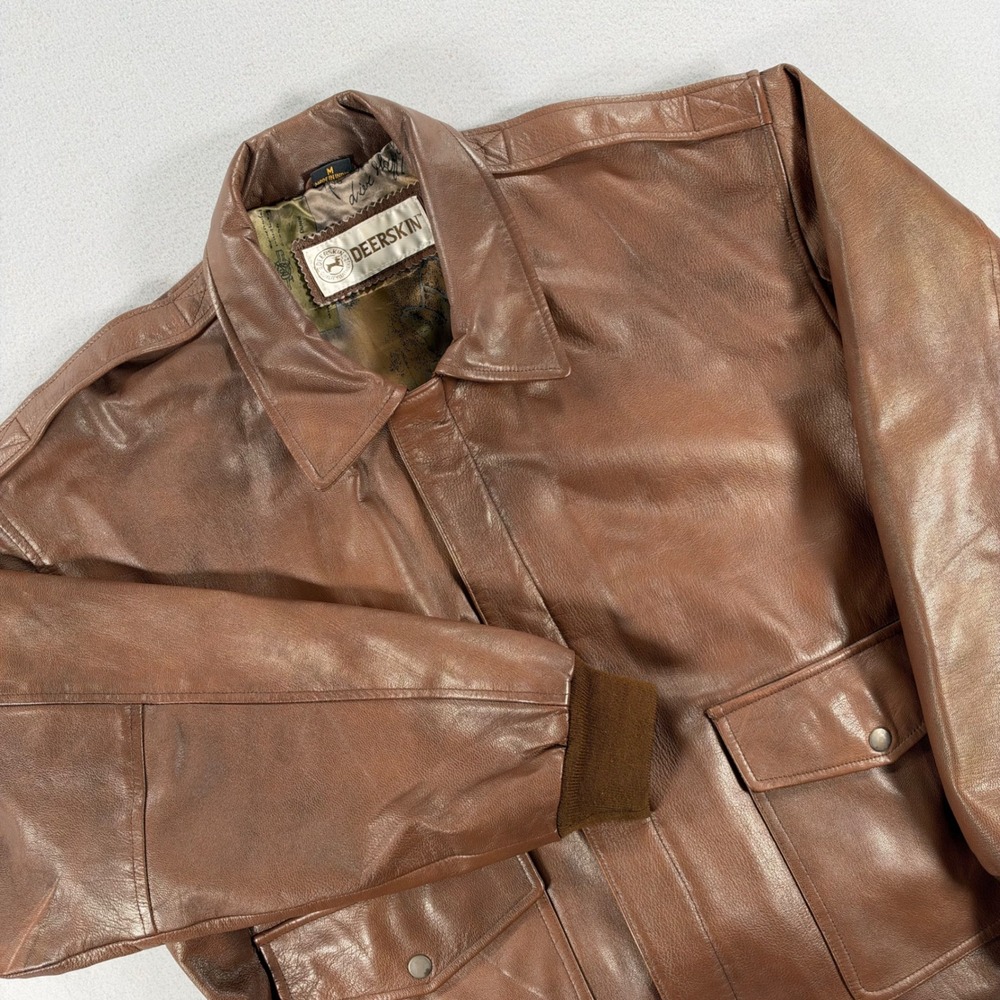 Deerskin Leather Flight Bomber Jacket Size M Brown Graphic Lining Epaulets